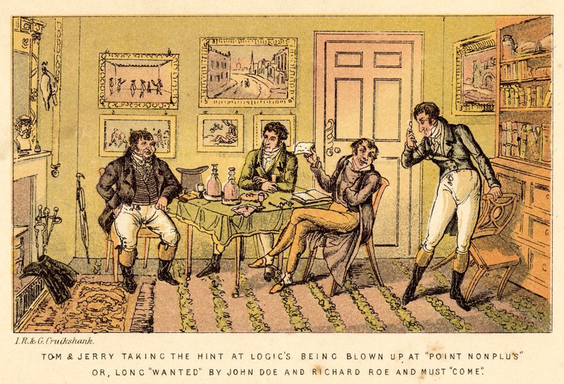 Tom og Jerry antyder, at Logics bliver sprængt i luften ved Point Nonplus eller, længe ønsket af John? af Isaac, Robert and George Cruikshank