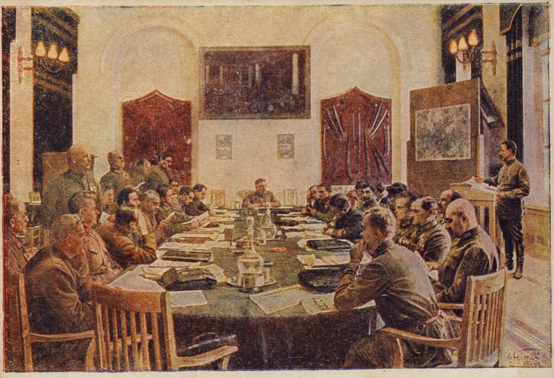 Møde i det revolutionære militærråd, Sovjetrusland. c1925-1934 af Isaak Israilevich Brodsky