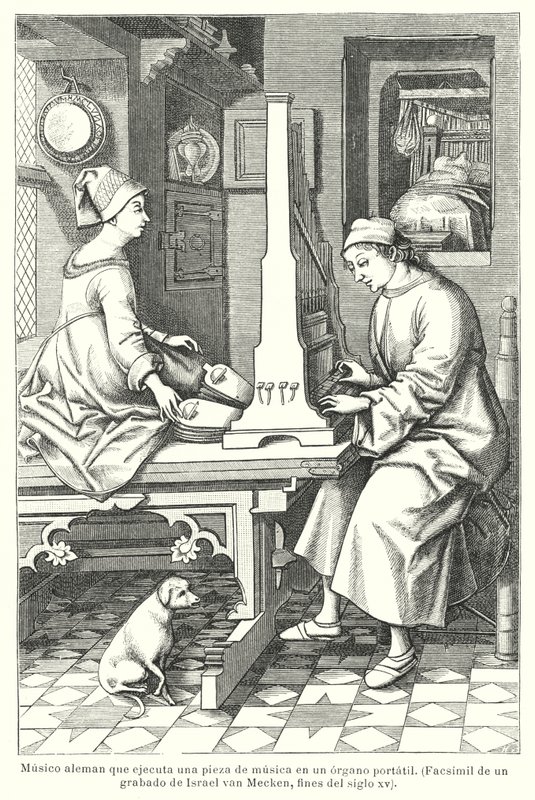 Tysk musiker spiller et bærbart orgel, slutningen af det 15. århundrede (litho) af Israel van (after) Mecken