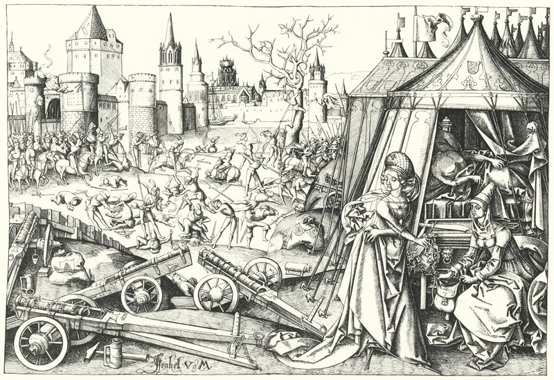 Halshugningen af den assyriske general Holofernes af israelit Judith af Bethulia, fra digtet Judith (gravering) af Israhel van the Elder Meckenem