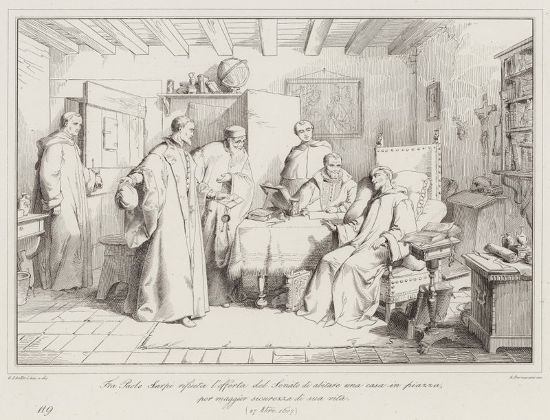 Fra Paolo Sarpi afviser Senatets tilbud om at bo i et hus på pladsen for sit livs skyld, 1607 af Italian School