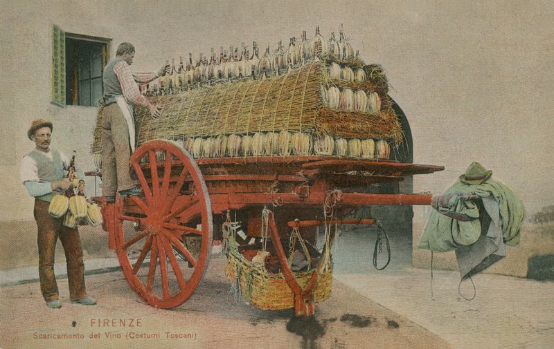 Læsser flasker vin på en vogn, Firenze. Postkort sendt i 1913. af Italian Photographer