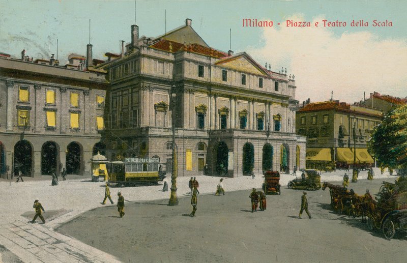 Milano - Piazza og Teatro alla Scala. Postkort sendt i 1913. af Italian Photographer