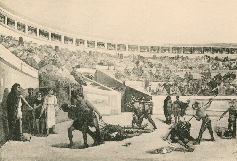 En gladiatorkamp i amfiteatret (gravure) af Italian School