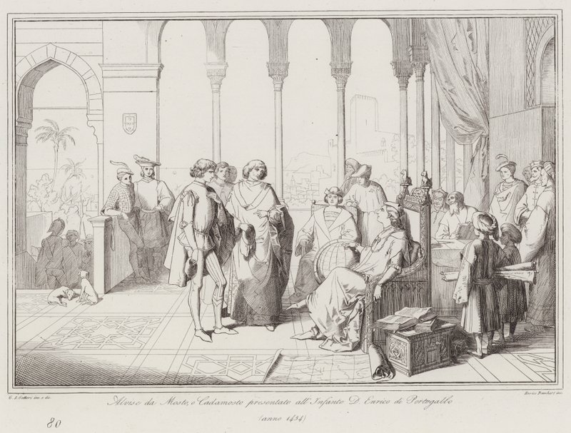 Alvise da Mosto, eller Cadamosto præsenteret for Infante D Enrico fra Portugal af Italian School