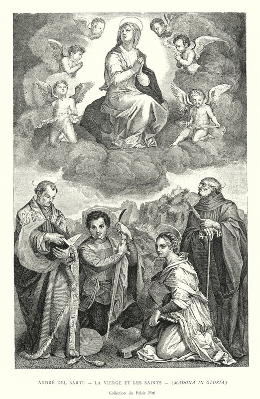 Andre del Sarte, Jomfruen og de hellige, Madonna i Gloria, Pitti Palace Collection (gravering) af Italian School