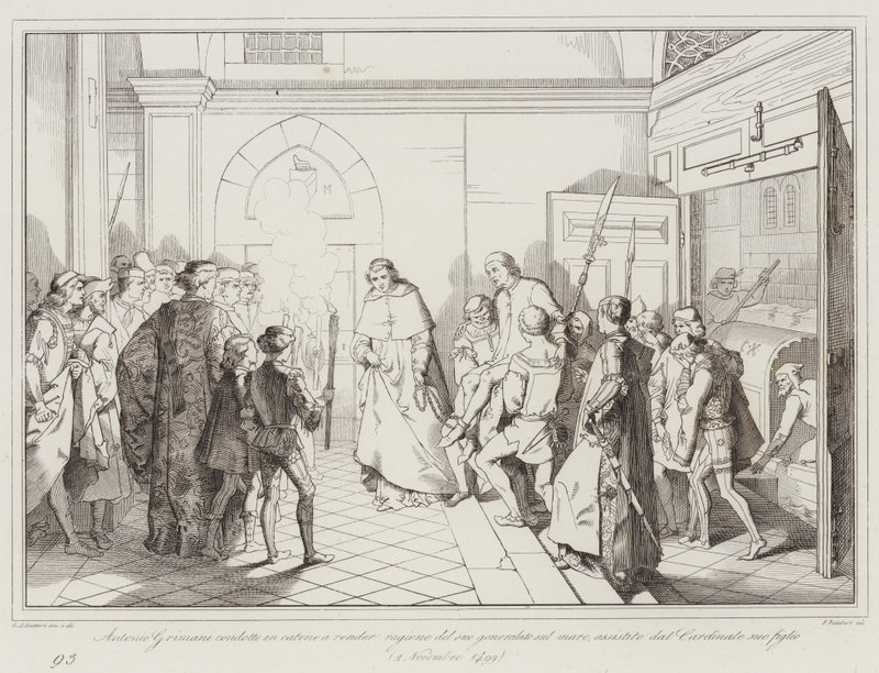 Antonio Grimani ledte i lænker for at redegøre for sit generalat på havet, assisteret af (gravering) af Italian School