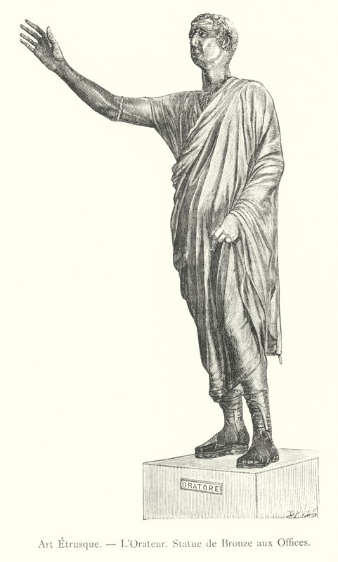 Etruskisk kunst, Orator, Bronzestatue ved Uffizi (gravering) af Italian School