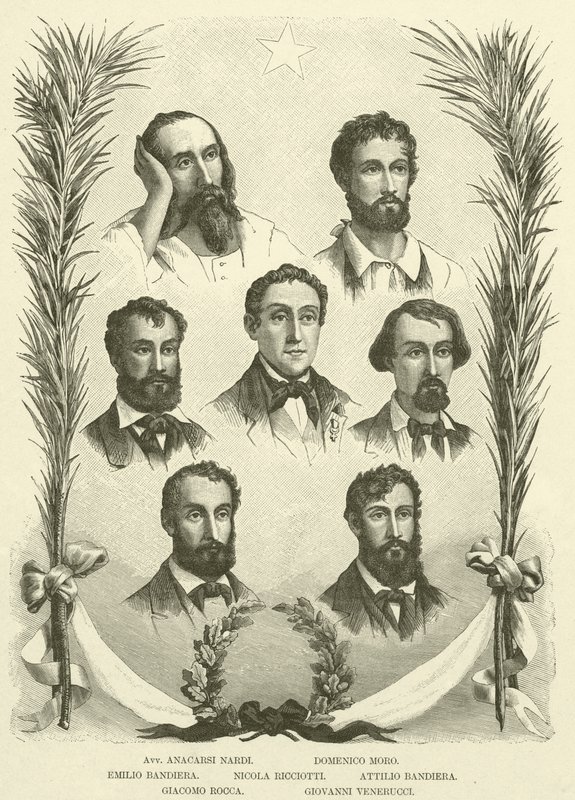 Avv Anacarsi Nardi, Domenico Moro, Emilio Bandiera, Nicola Ricciotti, Attilio Bandiera, Giacomo Rocca, Giovanni Venerucci (gravering) af Italian School