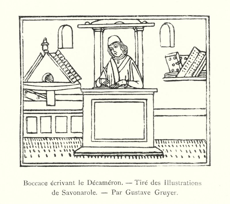 Boccaccio skriver Decameron, fra illustrationerne af Savonarola, af Gustave Gruyer (gravering) af Italian School