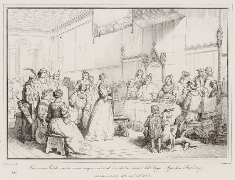 Cassandra Fedele synger pludselige vers ved banketten afholdt af Doge Agostino Barbarigo (gravering) af Italian School
