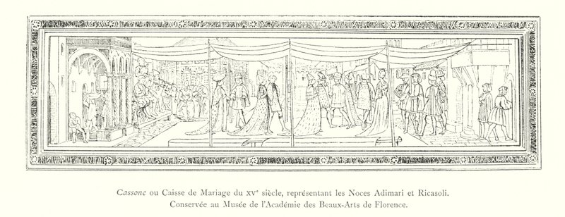 Cassone eller ægteskabskiste fra det 15. århundrede, der repræsenterer Adimari og Ricasoli bryllupper, konserveret på Museum of the Academy of Fine Arts i Firenze (gravering) af Italian School