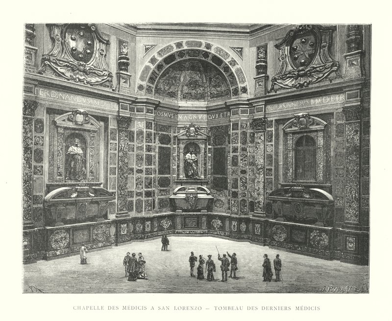 Mediciens kapel ved San Lorenzo, den sidste Medicis grav (gravering) af Italian School