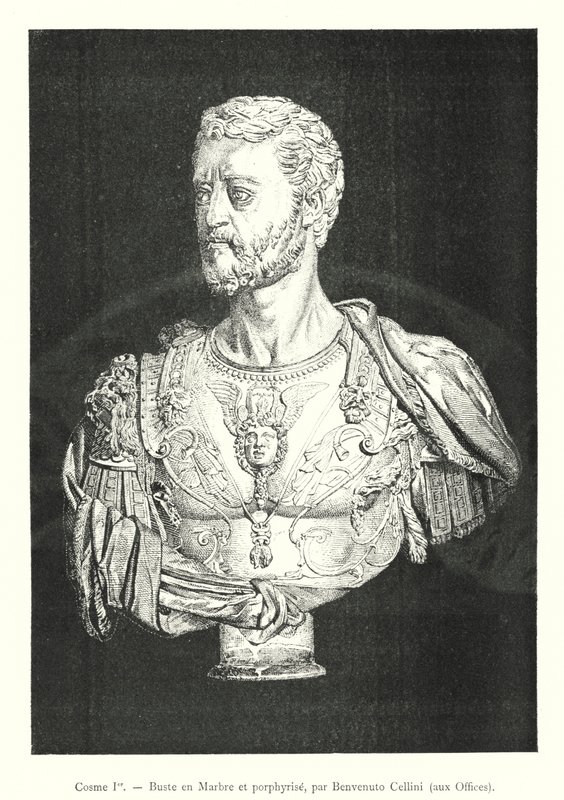 Cosimo I, Buste i marmor og porfyr, af Benvenuto Cellini, ved Uffizi (gravering) af Italian School