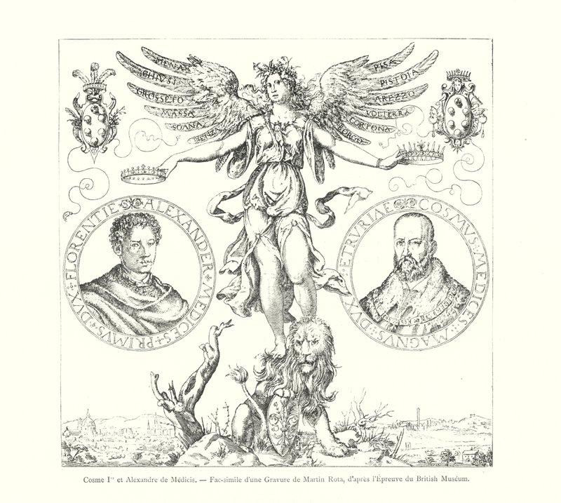 Cosimo I og Alexander de Medici, Faksimile af en gravering af Martin Rota, efter British Museum Print (gravering) af Italian School