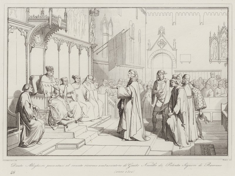 Dante Allighieri præsenterede sig for senatet som ambassadør for Guido Novello af Polenta, Lord of Ravenna af Italian School