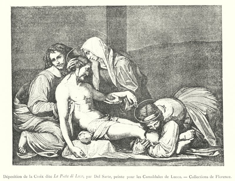 Afsætning af korset kendt som La Pieta di Luco, af Del Sarte, malet for Camaldolese fra Lucco, Firenzes samlinger (gravering) af Italian School