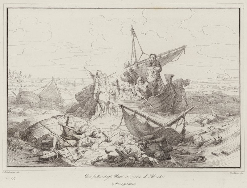 Hunnernes nederlag ved havnen i Albiola, 903 (gravering) af Italian School
