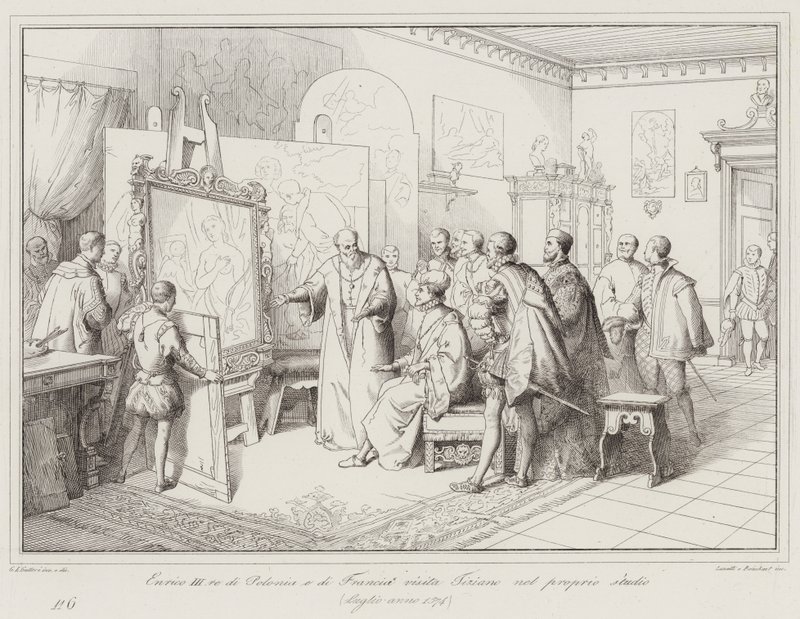 Henrik III, konge af Polen og Frankrig, besøger Titian i sit atelier af Italian School