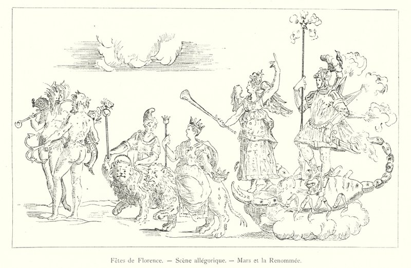 Firenzes fester, allegorisk scene, Mars og berømmelse (gravering) af Italian School