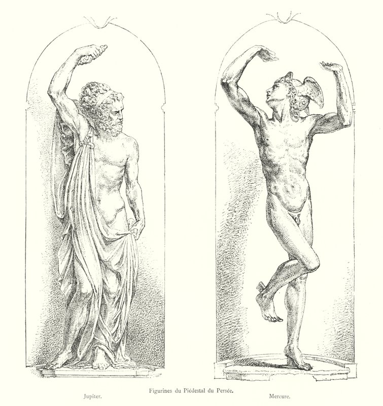 Figurer af Pedestal du Perseus, Jupiter, Merkur (gravering) af Italian School