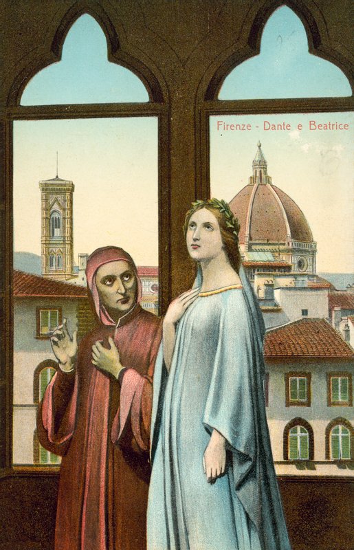 Firenze, Dante og Beatrice (farvelitografi) af Italian School