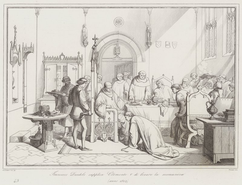 Francesco Dandolo beder Clement V om at ophæve ekskommunikationen af Italian School