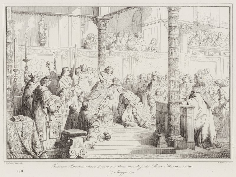 Francesco Morosini, modtager pileus og stoccoen sendt til ham af pave Alexander VIII af Italian School