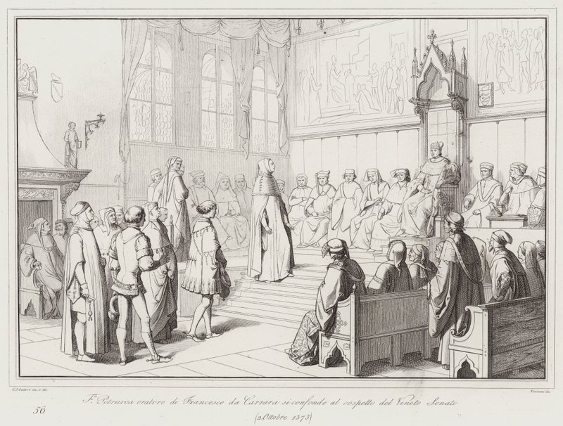 Francesco Petrarcas taler af Francesco da Carrara er forvirret i nærværelse af Veneto Senatet af Italian School