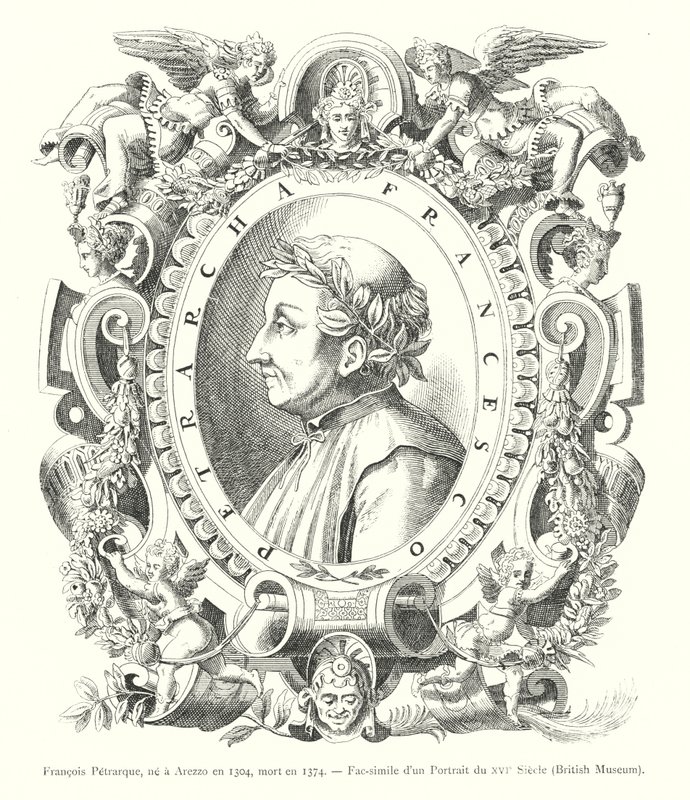 Francois Petrarque, født i Arezzo i 1304, død i 1374, Faksimile af et portræt fra det 16. århundrede, British Museum (gravering) af Italian School