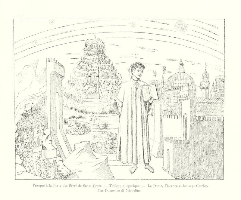 Fresco ved døren til Servi af Santa Croce, Allegorisk maleri, Dante, Firenze og de syv cirkler, af Domenico di Michelino (gravering) af Italian School
