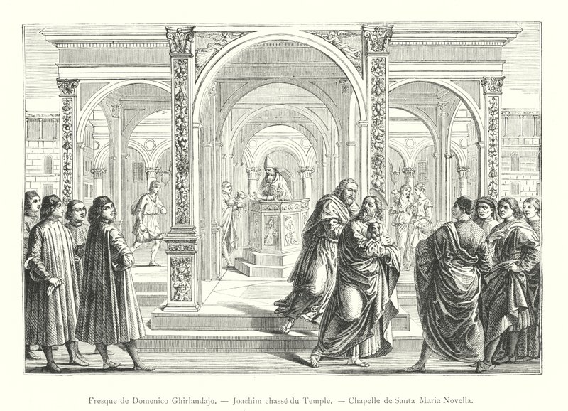 Fresko af Domenico Ghirlandajo, Jagter Joachim fra templet, Santa Maria Novellas kapel (gravering) af Italian School