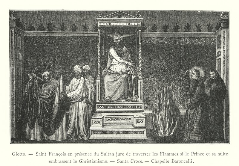Giotto, Sankt Frans sværger i nærværelse af sultanen at krydse flammerne, hvis prinsen og hans følge omfavner kristendommen, Santa Croce, Baroncelli-kapellet (gravering) af Italian School