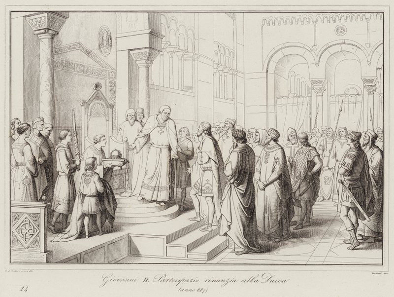 Giovanni II Partecipazio giver afkald på hertugdømmet, 887 (gravering) af Italian School