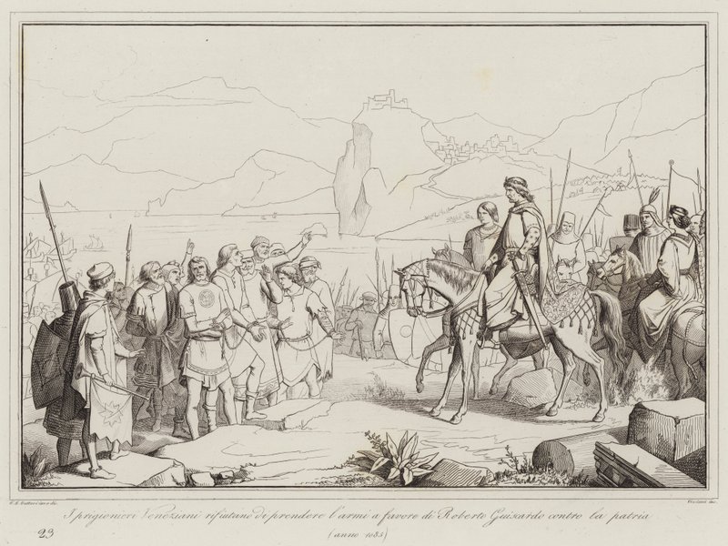 De venetianske fanger nægter at gribe til våben til fordel for Roberto Guiscardo mod hjemlandet af Italian School