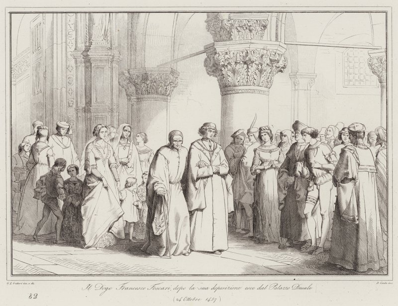 Doge Francesco Foscari forlader dogepaladset efter hans afsættelse af Italian School