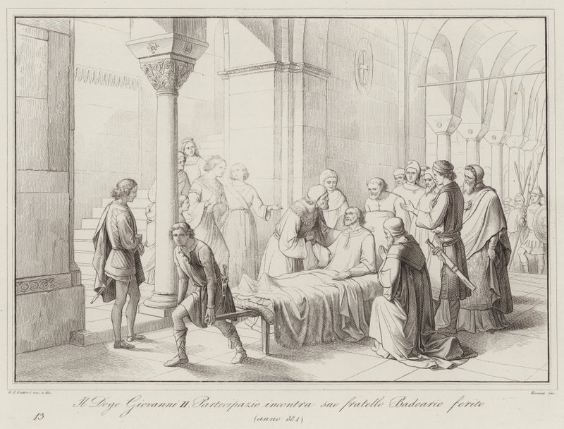 Doge Giovanni II Partecipazio møder sin sårede bror Badoario, 884 (gravering) af Italian School