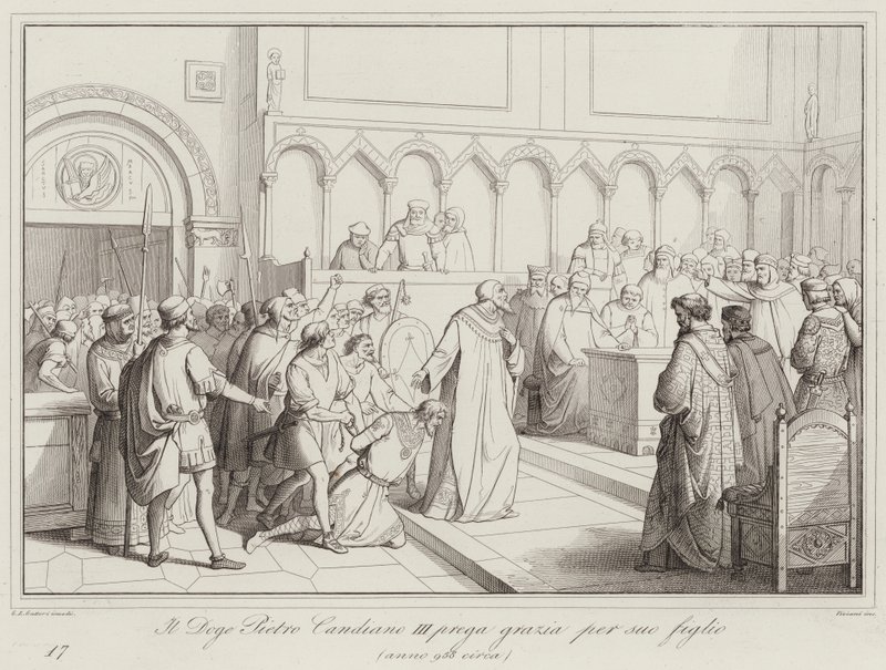 Doge Pietro Candiano III beder om nåde for sin søn, 958 (gravering) af Italian School