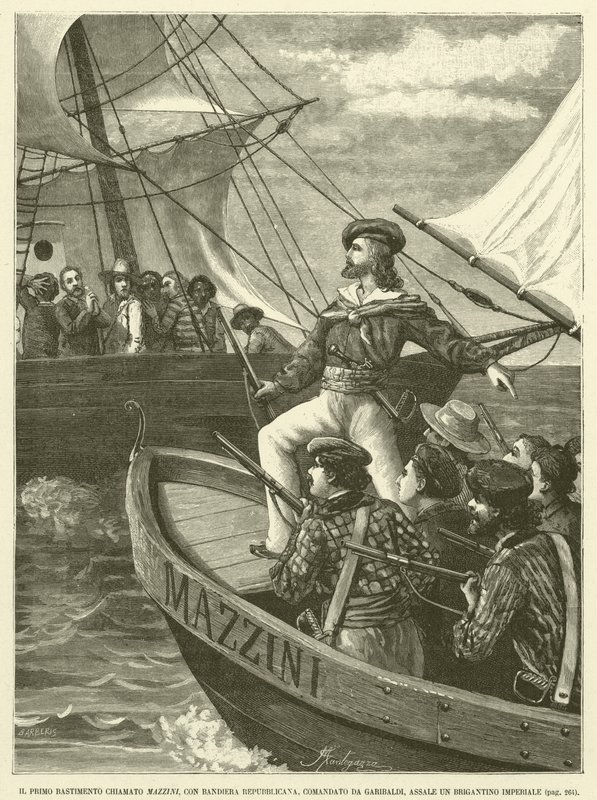Det første skibsværft kaldet Mazzini, med republikansk flag, kommanderet af Garibaldi, Assale An Imperial Brigantion (gravering) af Italian School