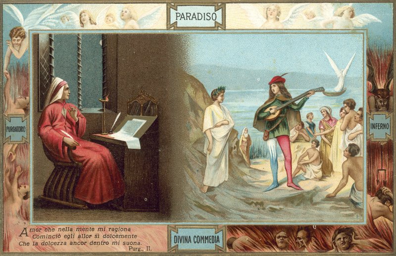 Illustration til Dantes Den guddommelige komedie (farvelitografi) af Italian School
