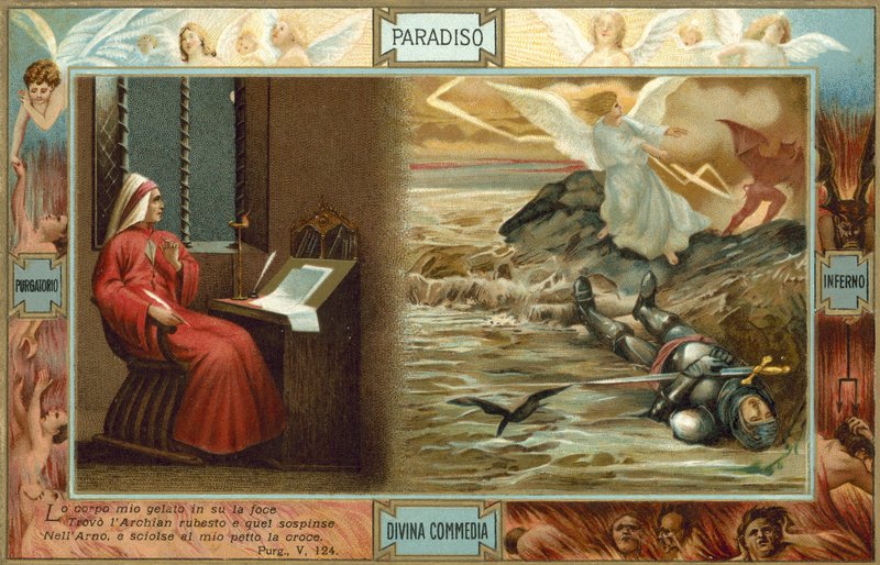 Illustration til Dantes Den guddommelige komedie (farvelitografi) af Italian School
