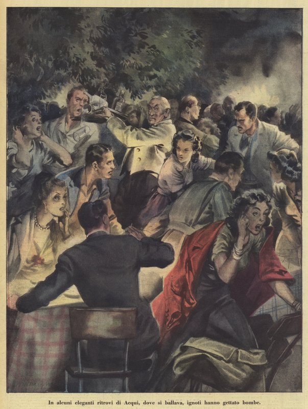 På nogle elegante mødesteder i Acqui, hvor folk dansede, kastede ukendte personer bomber (farvelitografi). af Italian School