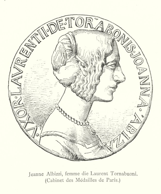 Jeanne Albizzi, hustru til Laurent Tornabuoni, Cabinet des Medailles de Paris (gravering) af Italian School