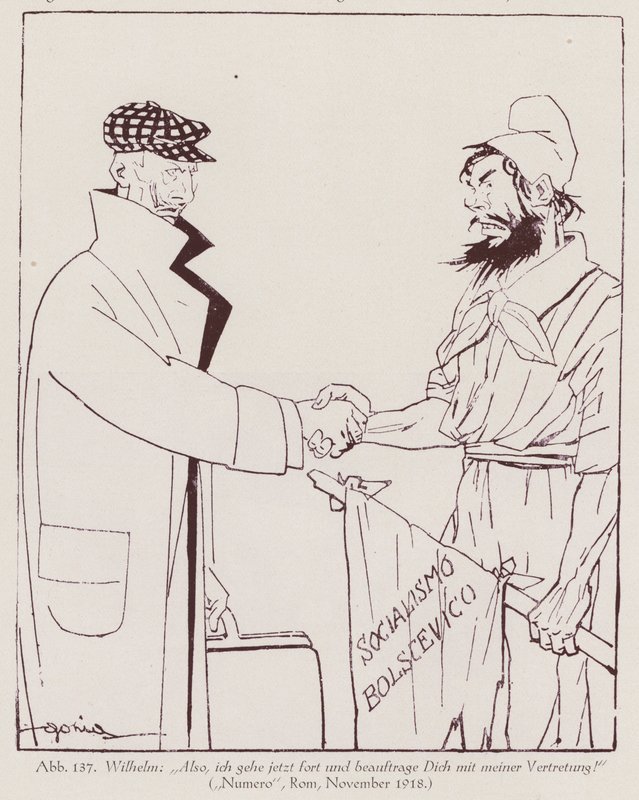 Kejser Wilhelm II overdrager magten til den bolsjevikiske socialisme (litografi) af Italian School