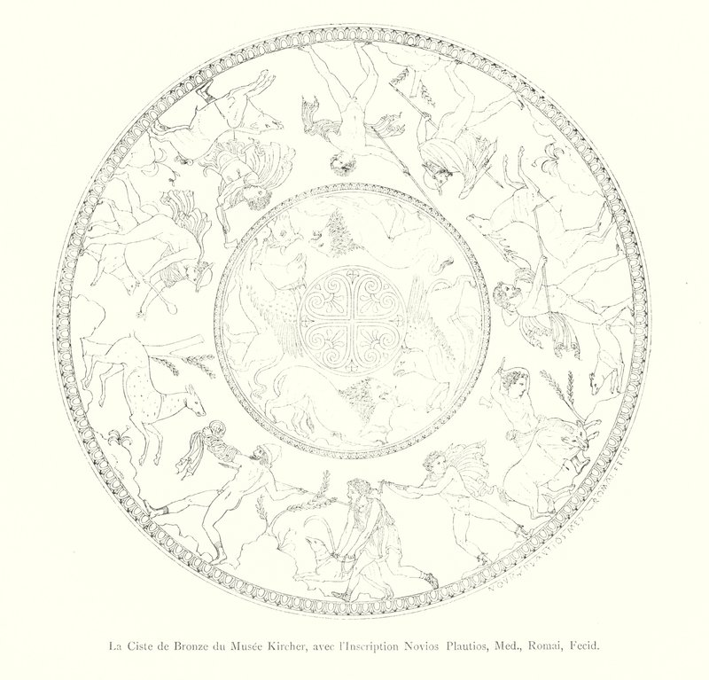 Kircher-museets bronzekiste, med inskriptionen Novios Plautios, Med, Romai, Fecid (gravering) af Italian School