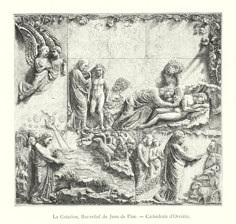 Skabelsen, Bas-relief af Johannes af Pisa, katedralen i Orvieto (gravering) af Italian School