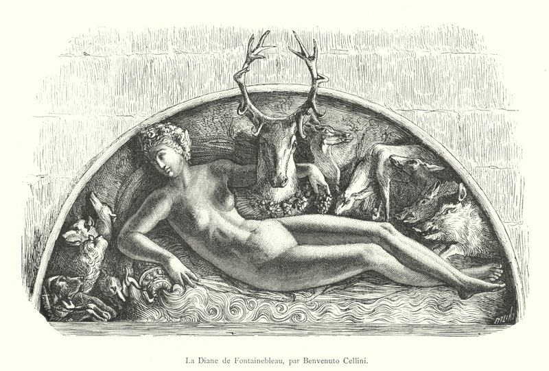 Diana af Fontainebleau, af Benvenuto Cellini (gravering) af Italian School
