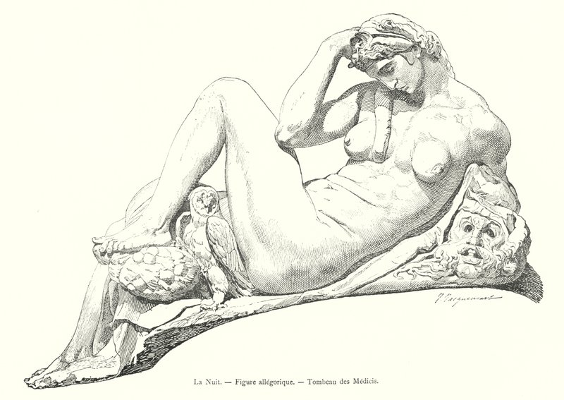 Natten, allegorisk figur, Mediciens grav (gravering) af Italian School