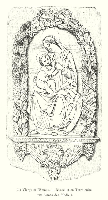 Jomfruen og barnet, Terracotta-basrelief med Medici-våben (gravering) af Italian School