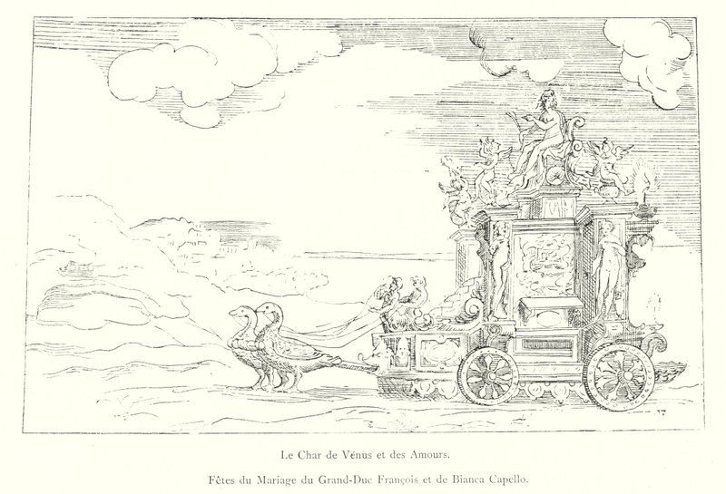 Venus og Amorernes Vogn, Storhertug Francois og Bianca Capellos bryllupsfester (gravering) af Italian School